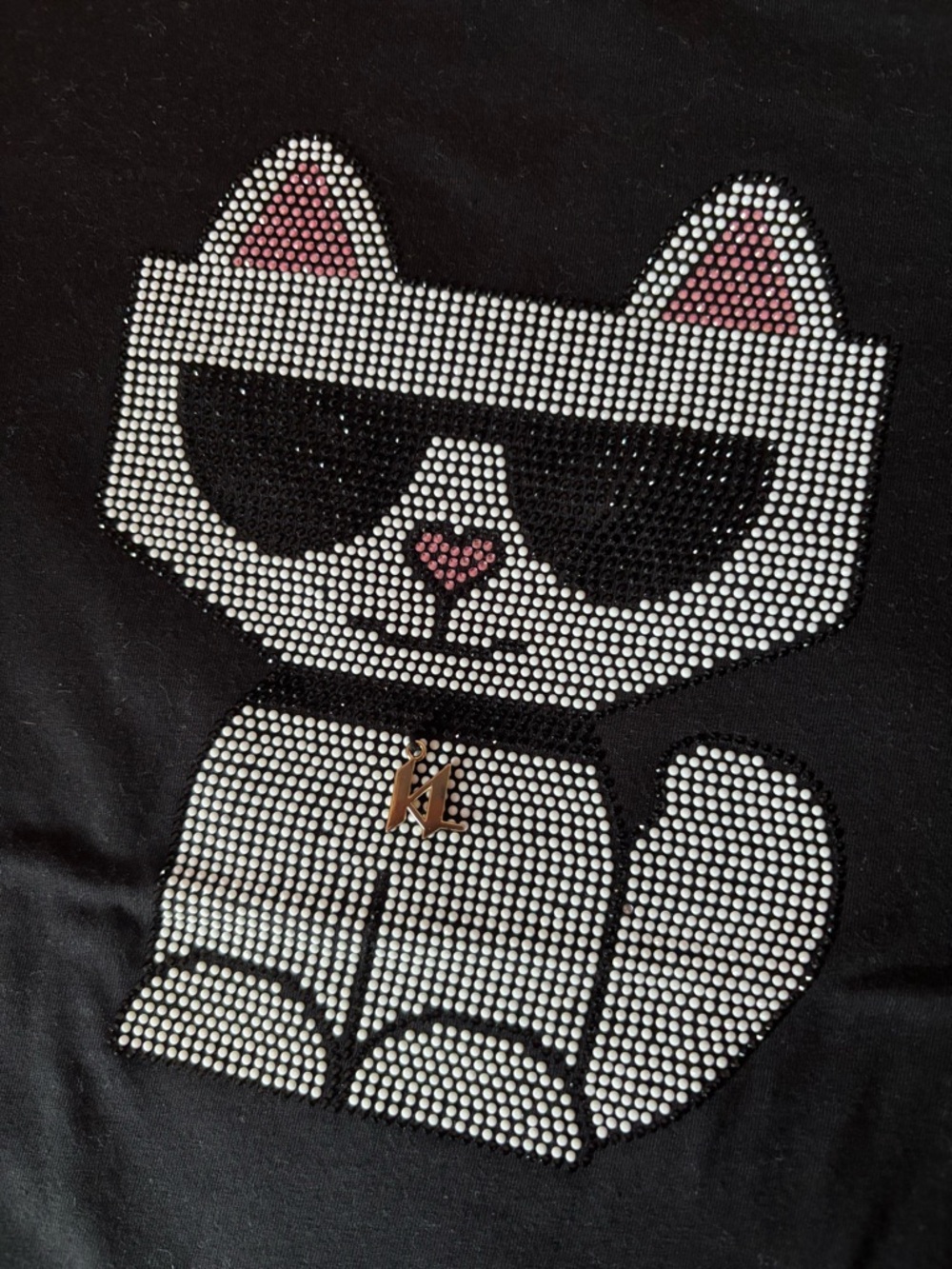 Karl Lagerfeld Black Rhinestone Cat Graphic Tee with Gold Charm - Picture 3 of 3